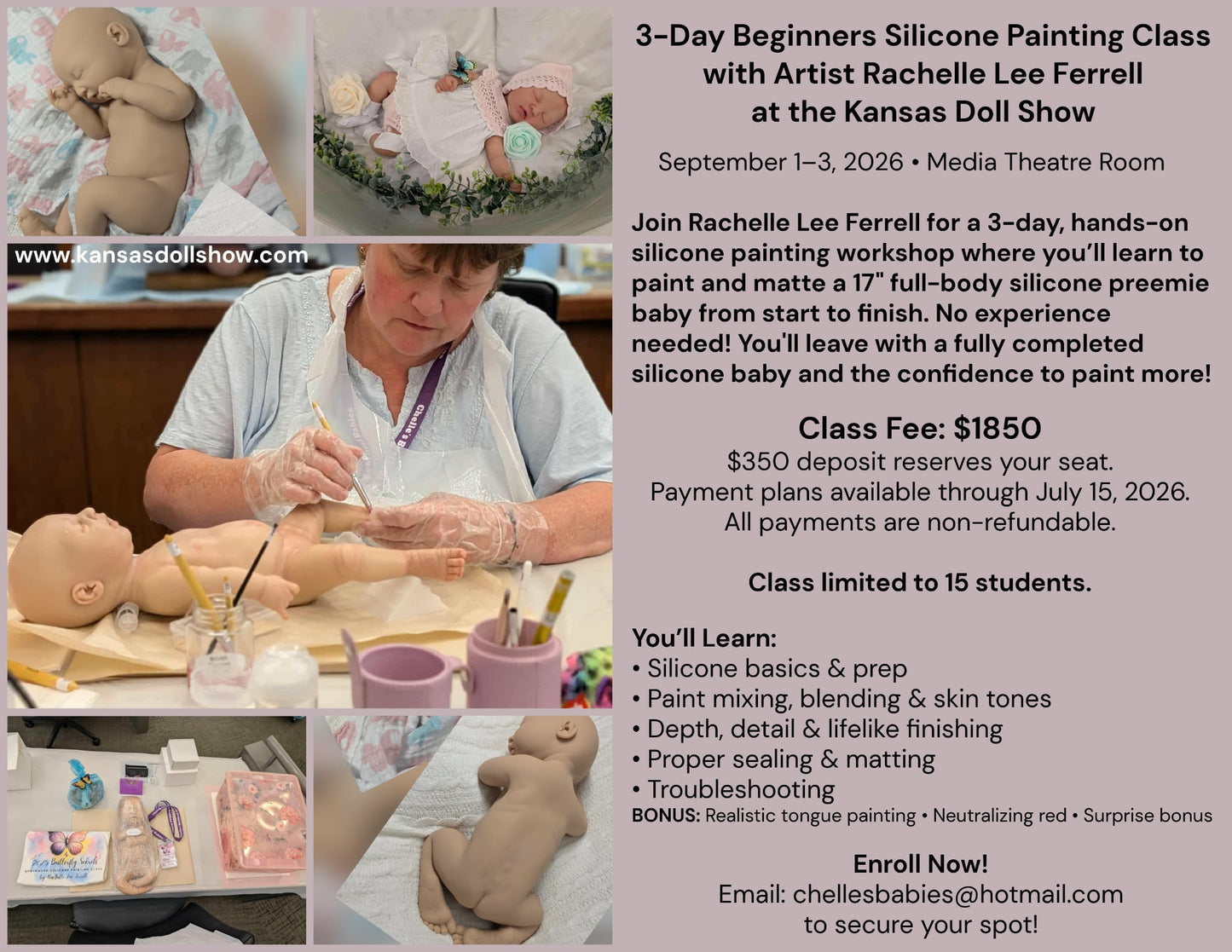 $350 DEPOSIT ONLY!!~ 2026-Beginners Silicone Painting Class ~ Kansas Doll Show